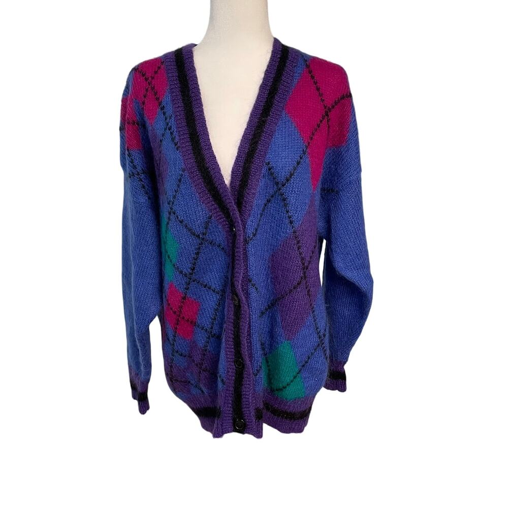 Vintage Nell Flowers Argyle Cardigan L Mohair Bright Colorful Kidcore